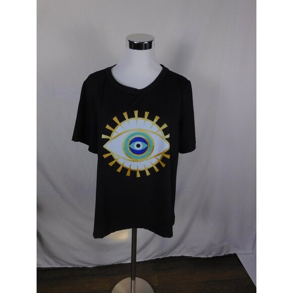Shein Curve Shirt Womens 1XL Black Graphic Evil Eye Gold Foil Short Sleeve Tee - Picture 1 of 9